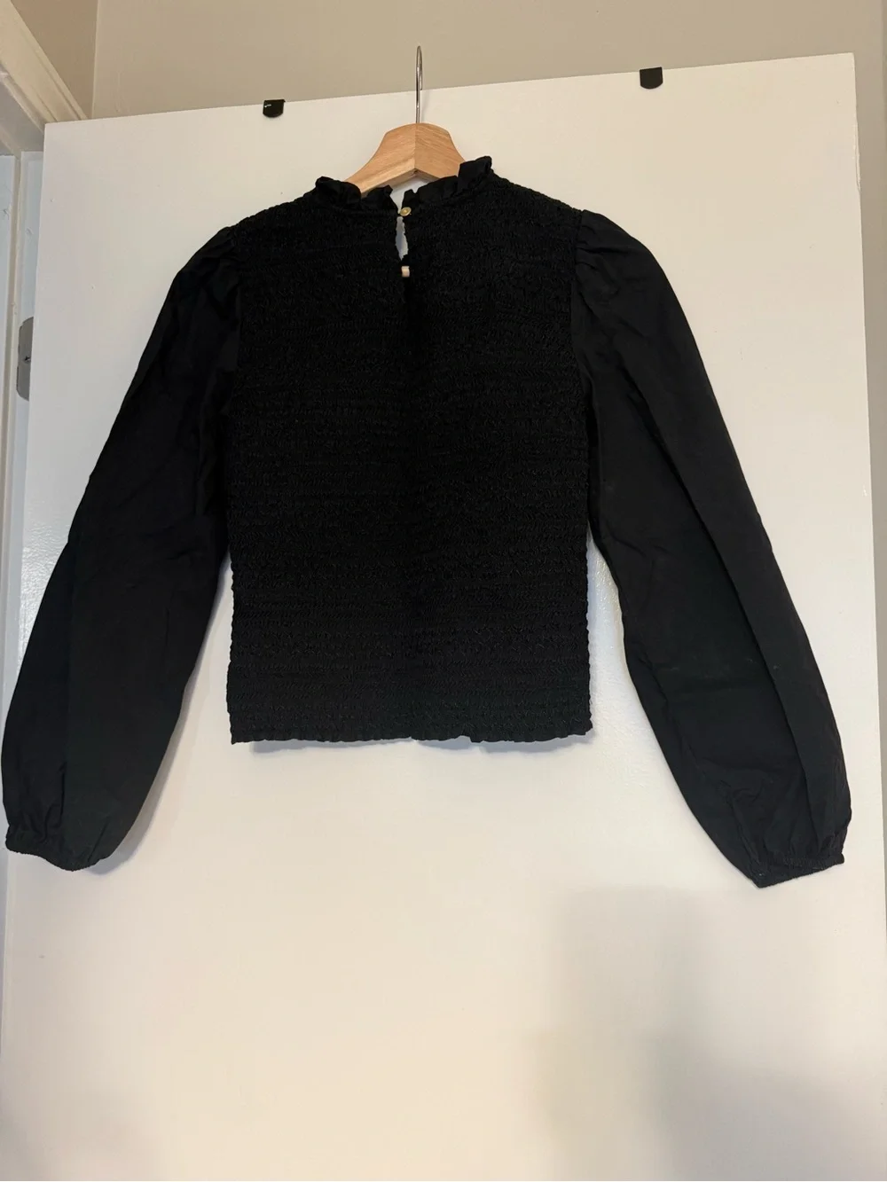 J Crew Long-sleeve ruffleneck smocked top in Black